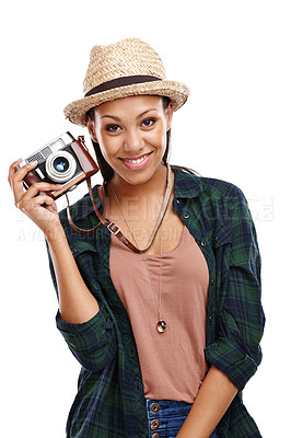 Buy stock photo Woman, portrait and retro camera with happy, isolated and vacation in white background or studio. Female person, smile and summer for tourism, trip and photography in backdrop on travel or holiday