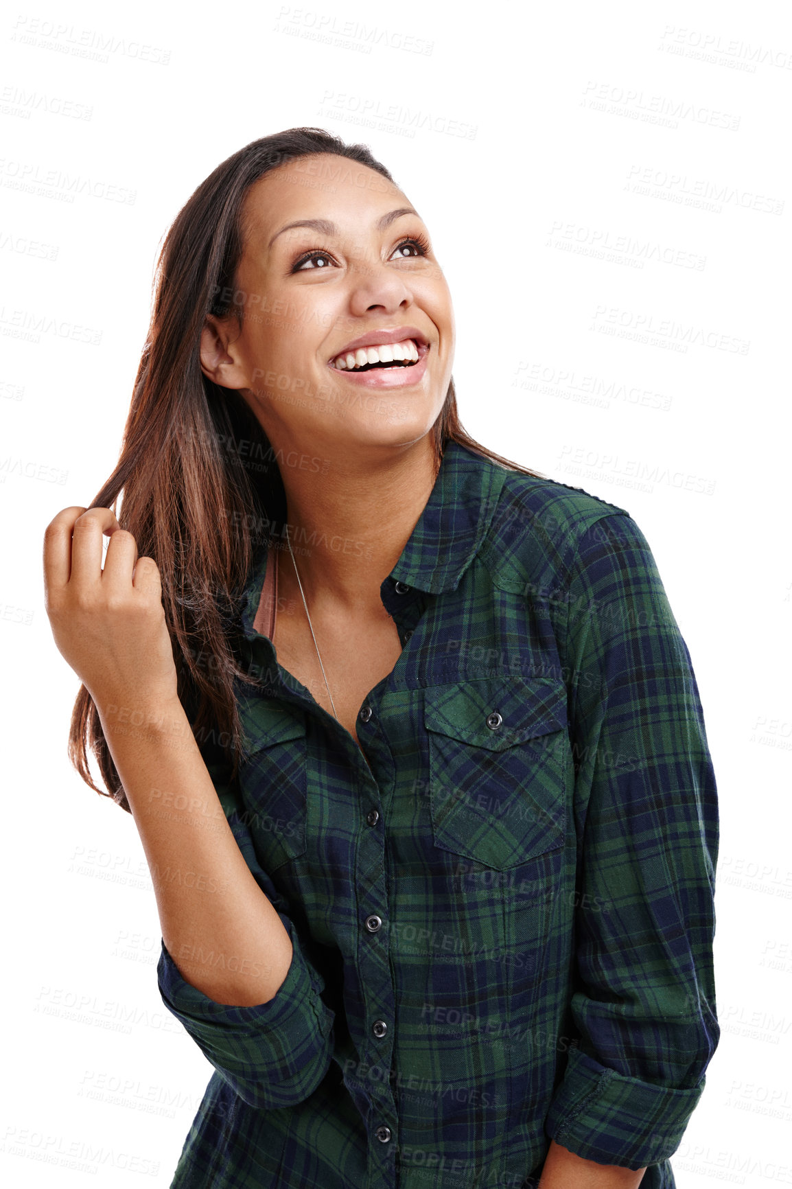 Buy stock photo Woman, looking away and hair with smile, fashion and shirt in white background or studio. Female person, haircare and happy for clothing, apparel and outfit in backdrop, cheerful and edgy for style