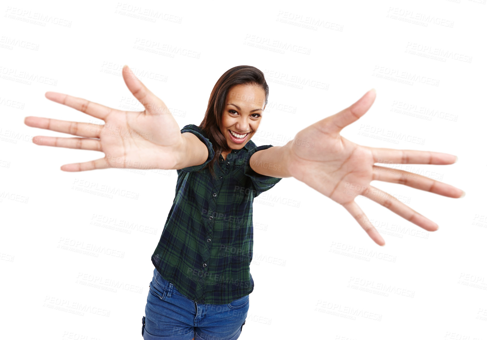 Buy stock photo Woman, studio and portrait with hands or reaching for profession, stylist or hairdresser with smile. Female person, backdrop or welcome with palms or fingers for cosmetology, happy or joy in Brazil