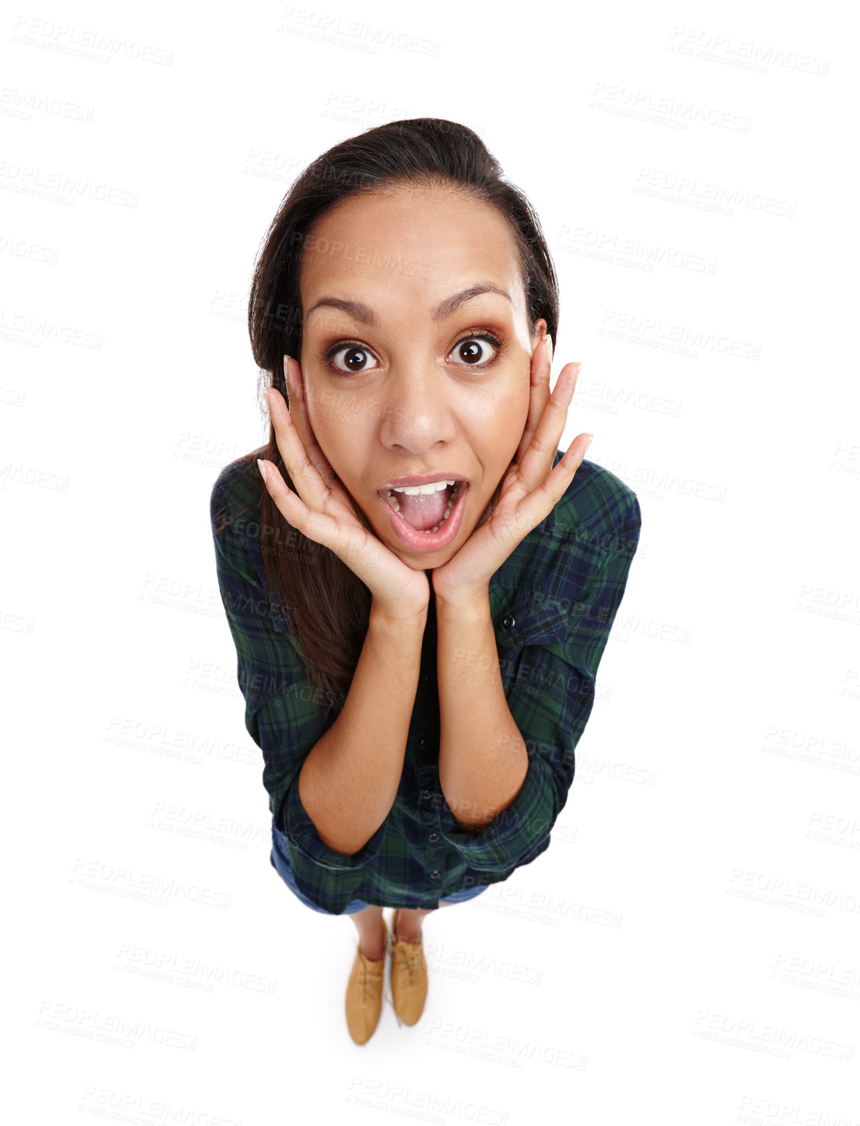Buy stock photo Above, portrait and woman with wow face in studio for sale, announcement and advertisement. Female person, pride and holding chin by white background with happiness, surprise and shock for news