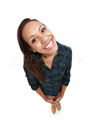 Buy stock photo Above, confidence and woman with smile in studio isolated on white background for advertisement. Female person, portrait and happiness for motivation, presentation and marketing for fashion.