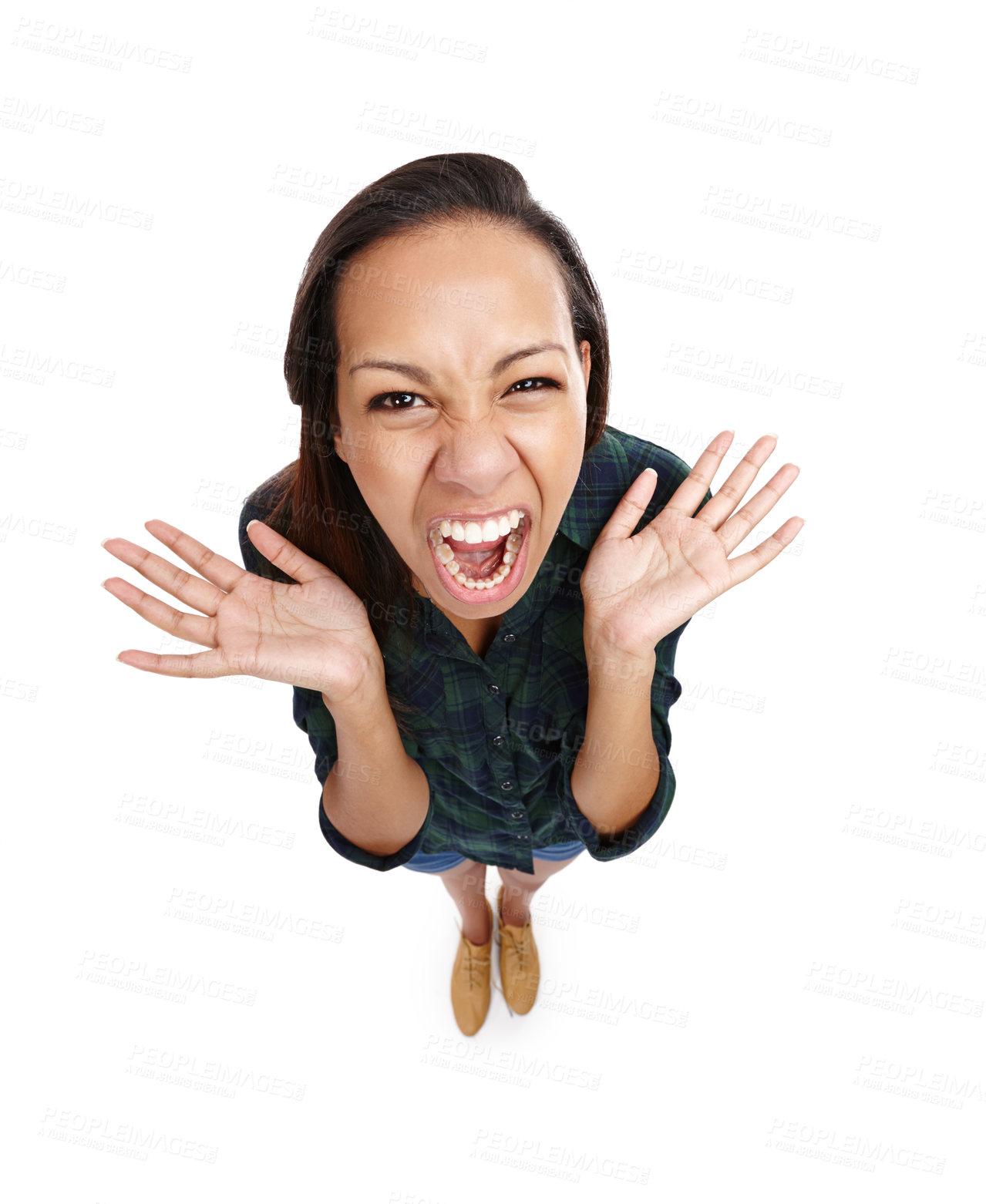 Buy stock photo Top view, woman and shouting for announcement, information or news with face isolated by white background. Portrait, crazy and bipolar female person for mental health, anxiety and frustration 