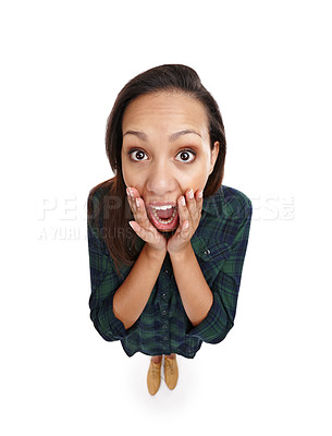 Buy stock photo Top view, woman and wow emoji for discount, announcement and information with face by white background. Portrait, female person and expression for shock, surprise and amazed on studio backdrop 
