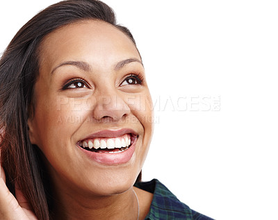 Buy stock photo Woman, smile and thinking in studio with excited, happy and beauty on isolated white background for idea or opportunity. Female person, smiling and planning with thoughts for vision, goal and future