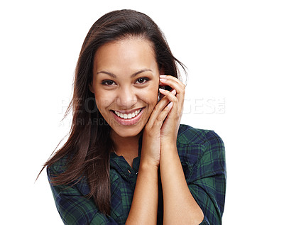 Buy stock photo Female person and portrait with smile in studio for job, hands or confidence or joy. Woman, backdrop and face with cheer or happy and hairstylist, beautician or cosmetologist or hairdresser.