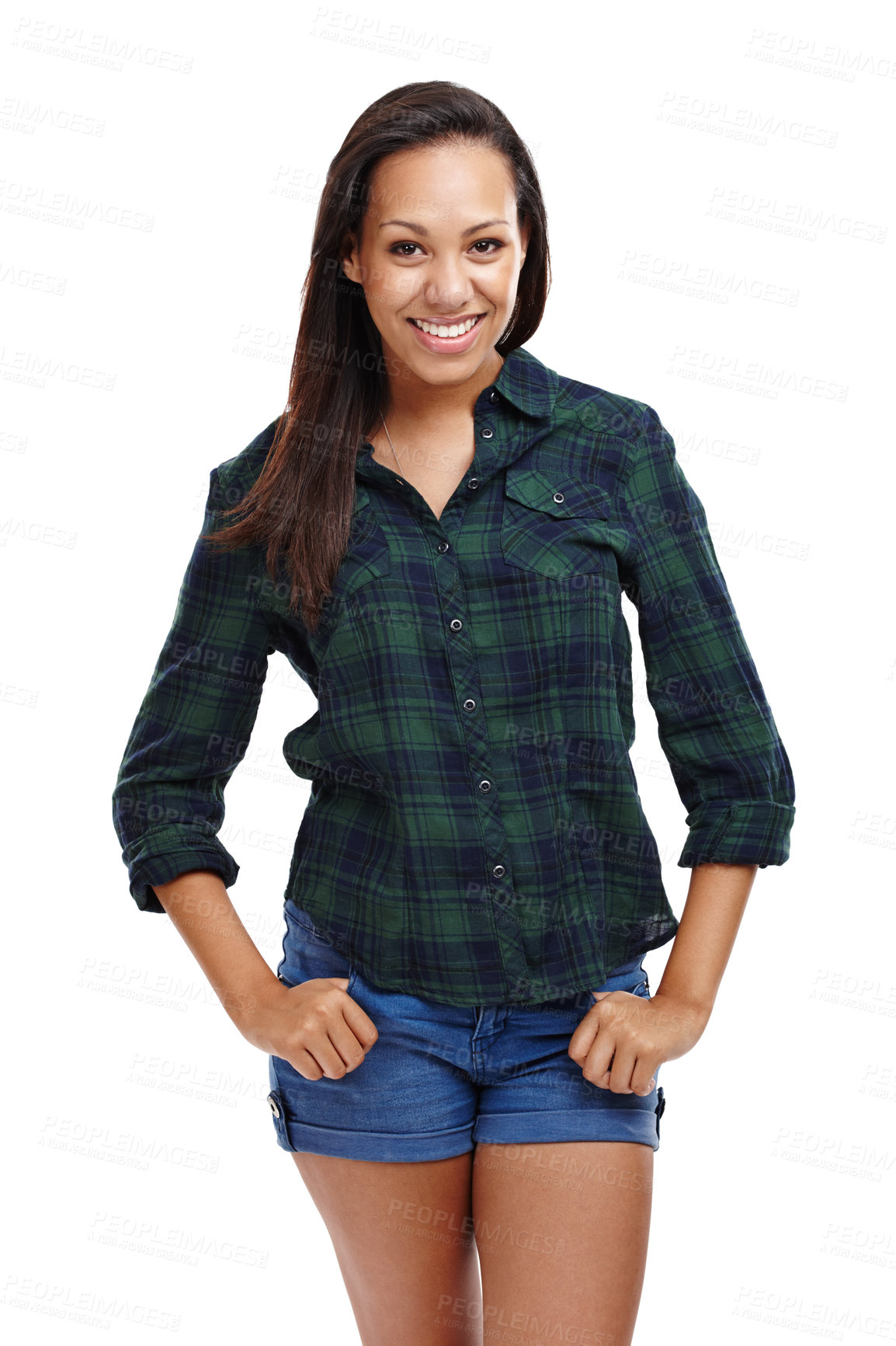 Buy stock photo Portrait, woman and fashion with checkered shirt style for design of creative marketing appreciation. Happy, person and confident in stylish, retro and clothes on isolated white studio background
