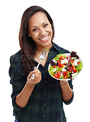 Buy stock photo Woman, portrait and salad for food in studio, benefits and vegetables for nutrition on white background. Female person, organic and pride for detox or minerals on diet, weight loss and vitamins