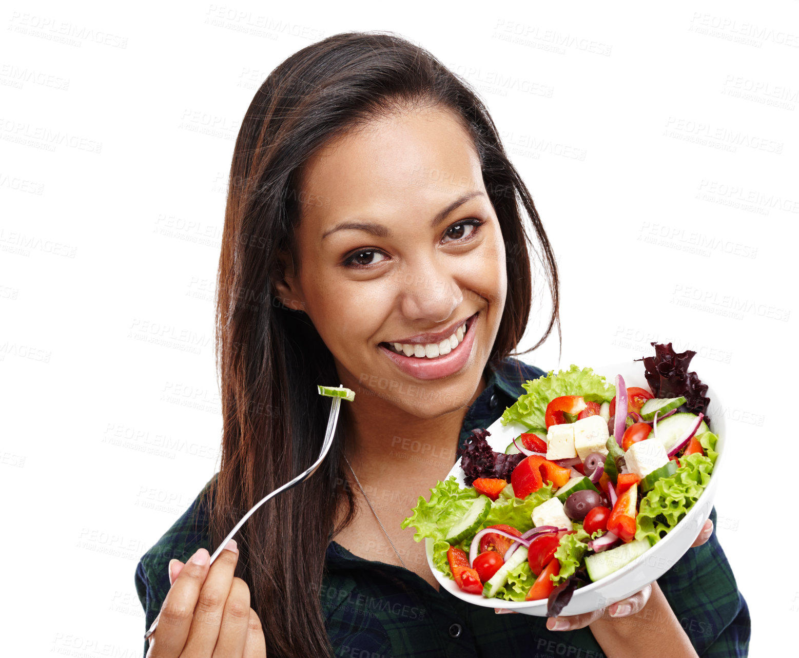 Buy stock photo Portrait of an attractive young woman enjoying a bowl of salad isolated on white