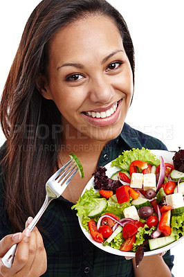 Buy stock photo Woman, portrait and salad for nutrition in studio, benefits and vegetables for vegan on white background. Female person, organic and pride for detox or minerals on diet, weight loss and vitamins