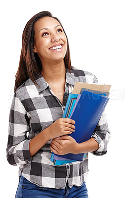 Buy stock photo Shot of an attractive young student holding an armful of folders isolated on white