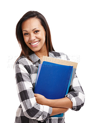 Buy stock photo Portrait of an attractive young student holding an armful of folders