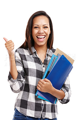 Buy stock photo Happy student, woman and achievement in studio for college, success and notebooks for learning. Female person, portrait and thumbs up for university scholarship to study inside on white background.