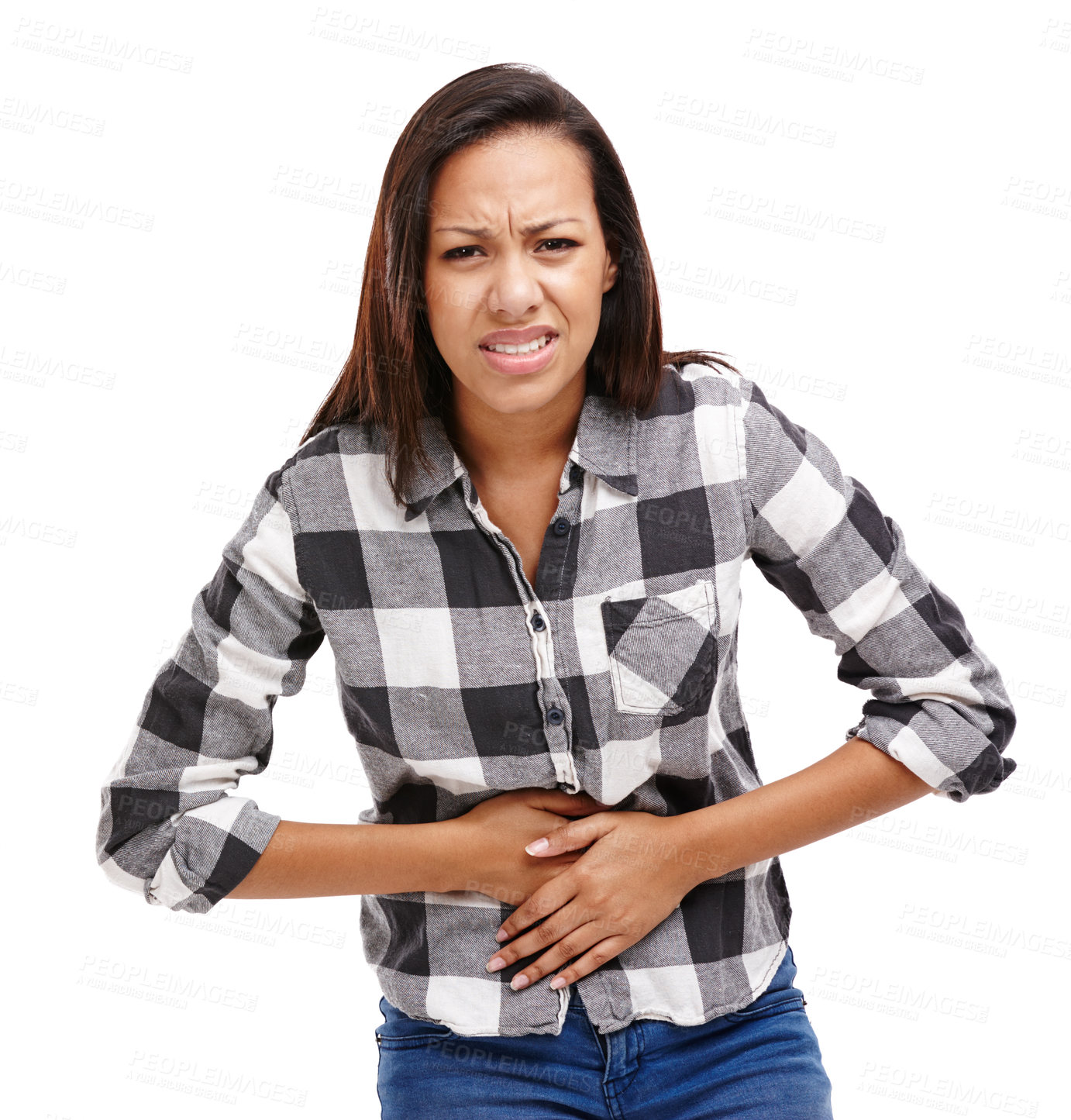 Buy stock photo Woman, pain and portrait with hands on stomach, cramp and irritation in white background. Female person, gut health and medical condition for healthcare, wellness and medicine in studio backdrop