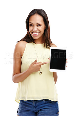 Buy stock photo Portrait, woman and tablet with screen for advertising mockup, information or online news on white background. Announcement, coming soon or join us on website, digital marketing and app ads in studio