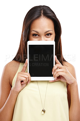 Buy stock photo Portrait, woman and tablet with screen for mockup, advertising information or online news on white background. Announcement, coming soon or join us on website, digital marketing and app ads in studio