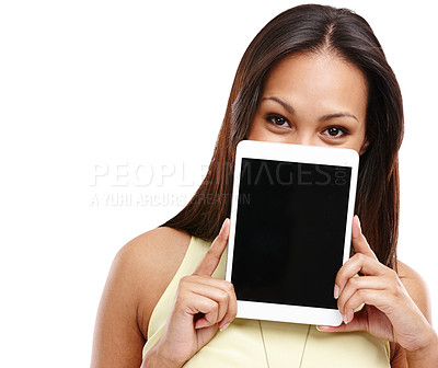 Buy stock photo Woman, tablet and screen for mockup with advertising information or online news in portrait on white background. Promo announcement, coming soon or join us on website, digital marketing and app ads