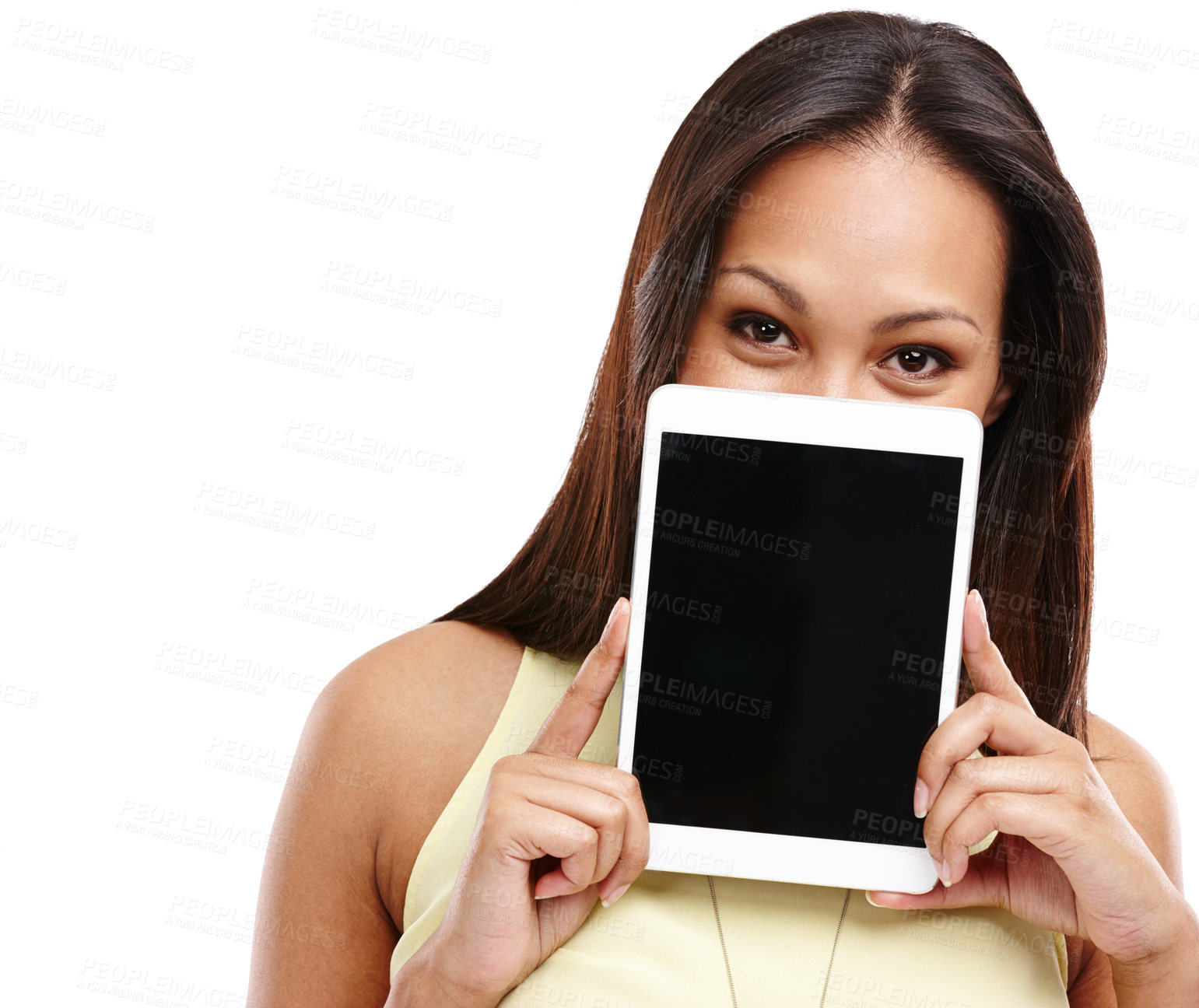 Buy stock photo Woman, tablet and screen for mockup with advertising information or online news in portrait on white background. Promo announcement, coming soon or join us on website, digital marketing and app ads