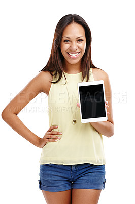 Buy stock photo Woman, portrait and tablet screen for mockup with information for advertising or online news on white background. Promo announcement, coming soon or join us on website, digital marketing and app ads