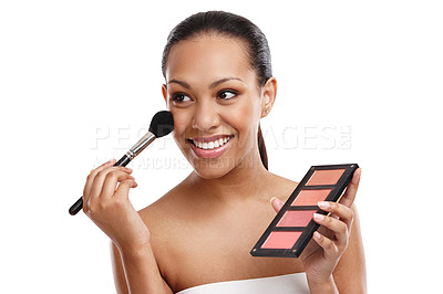 Buy stock photo Woman, brush and makeup in studio with hands, palette and smile for cosmetics by white background. Happy, tool and face of female model for aesthetic with blush and glowing skin by backdrop 