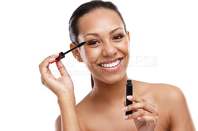 Buy stock photo Face, mascara for lashes and happy woman with beauty, brush for makeup and tools for volume on white background. Cosmetology, cosmetics product and wand for eyelash, makeover and change in studio