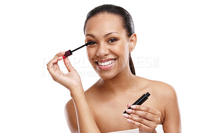 Buy stock photo Woman, portrait and cosmetics in studio with mascara, beauty and smile for makeup by white background. Happy, tool and face of female model for aesthetic with volume, product and skin by backdrop 