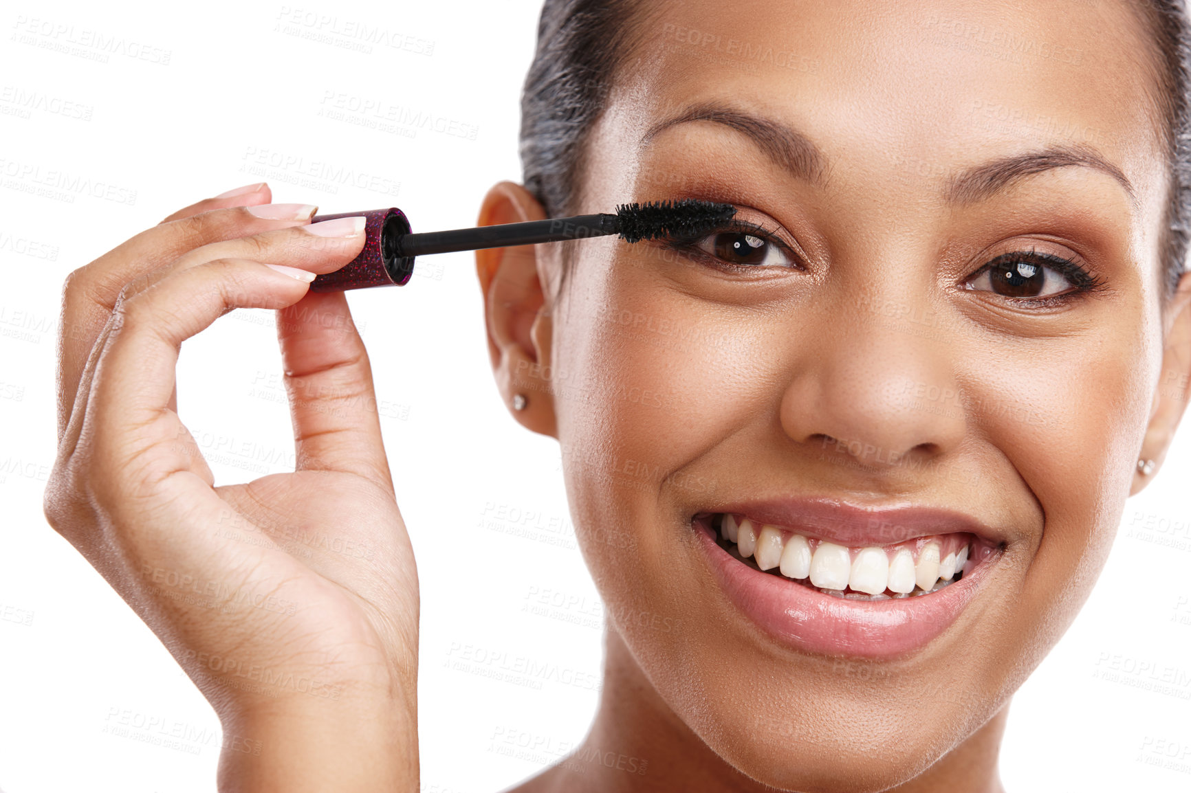 Buy stock photo Portrait, mascara for lashes and happy woman with beauty, brush for makeup and tools for volume on white background. Cosmetology, cosmetics product and wand for eyelash, makeover and change in studio