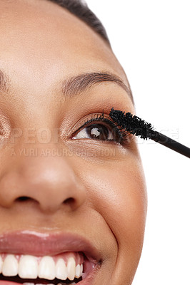 Buy stock photo Closeup, mascara for lashes and woman with beauty, brush for makeup and eye on white background. Cosmetology, cosmetics product and wand for eyelash, face zoom and volume with makeover in studio