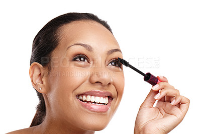 Buy stock photo Cropped shot of a gorgeous young woman applying mascara in a studio-isolated on white 