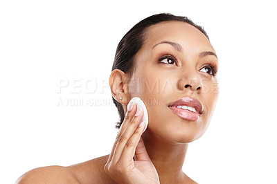 Buy stock photo Skincare, makeup removal and woman with cotton pad for dermatology, wellness or healthy facial skin with white background. Beauty, hand and female model for toner, application and cleansing in studio