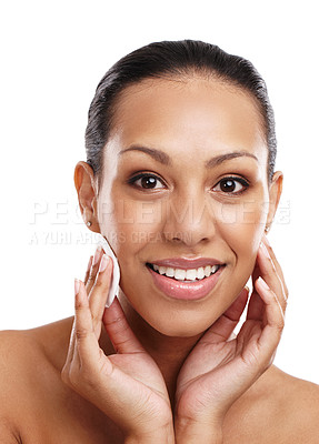 Buy stock photo Skincare, cotton pad and portrait of woman with makeup remover for dermatology, wellness or facial skin in white background. Beauty, hand and model for toner, application and cleansing in studio