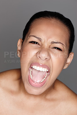 Buy stock photo Portrait, woman and anger in studio for frustrated with scream, stress and crisis by background. Upset, unhappy and face of scared female person for mental health with crazy, reaction and anxiety