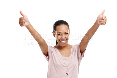 Buy stock photo Portrait, thumbs up and mockup with a black woman in studio isolated on a white background for agreement. Thank you, hands and goal with a female cheering in celebration on blank marketing space