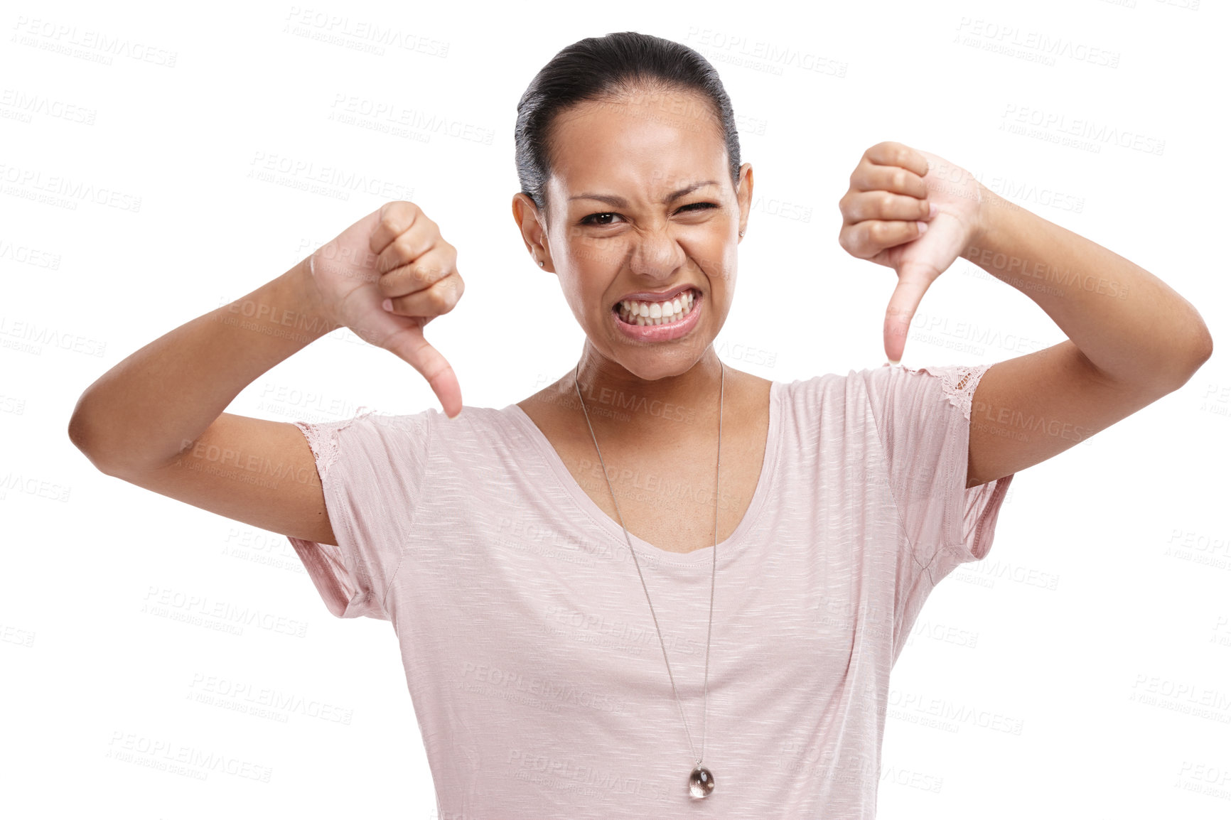 Buy stock photo Woman, thumbs down and unhappy expression for disagreement, wrong or fail against a white studio background. Portrait of isolated female model showing down thumbs in disapproval, no or failure