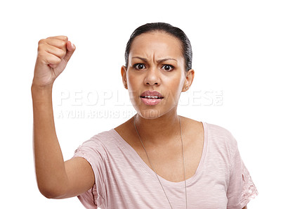 Buy stock photo Black woman, portrait and angry fist to protest for power, human rights and motivation in studio. Female with hand for justice, motivation and support freedom revolution isolated on white background