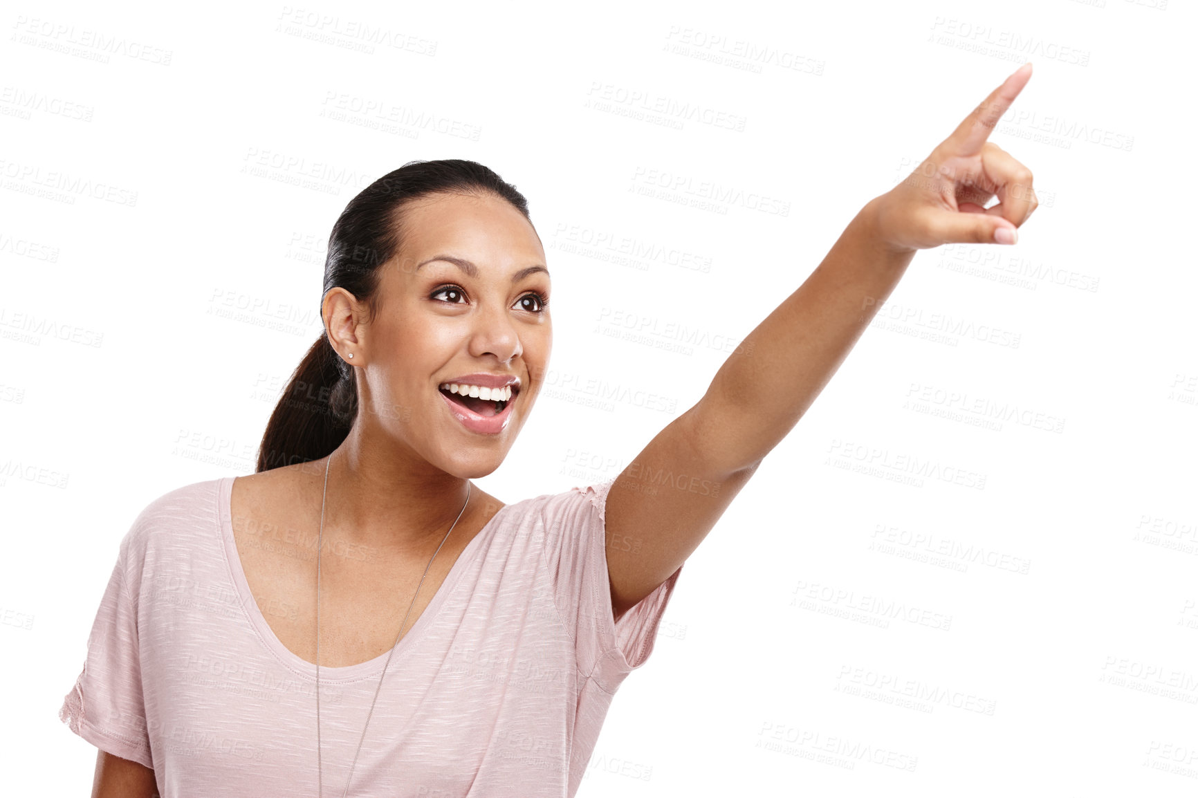 Buy stock photo Woman, happy and excited pointing finger in studio for advertising mockup, marketing promo or sales product suggestion. Happy person, point hands and vision motivation isolated in white background