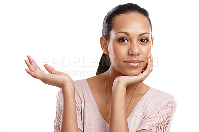 Buy stock photo Black woman, portrait and hand palm for advertising space for product placement and motivation. Face of female model holding mockup for promotion, discount or deal offer isolated on white background