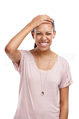 Buy stock photo Portrait, black woman and headache for stress, depression and lady isolated on white studio background. African American female, girl and migraine, pain and anxiety with pounding head and frustrated