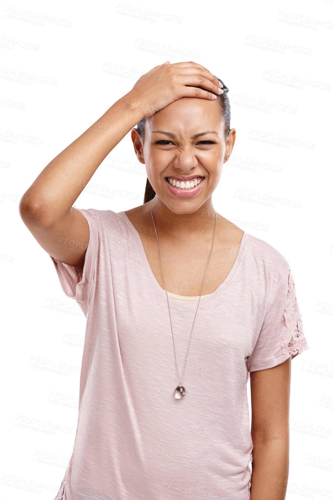 Buy stock photo Portrait, black woman and headache for stress, depression and lady isolated on white studio background. African American female, girl and migraine, pain and anxiety with pounding head and frustrated