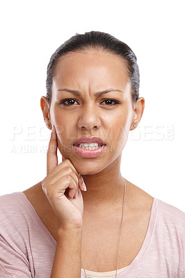 Buy stock photo Thinking, confused and frustrated, portrait of black woman with stressed look on face isolated on white background. Doubt, choice and crisis decision, woman with stress trying to remember in studio.