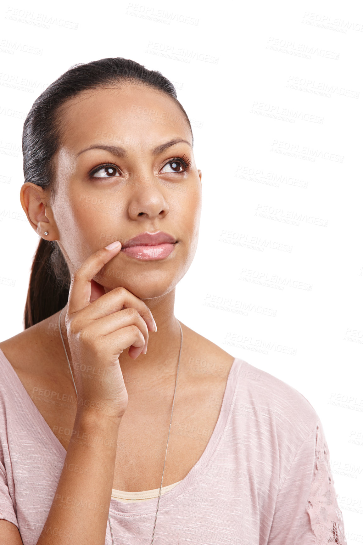 Buy stock photo Woman, face and thinking with inspiration and focus in studio, mindset and motivation isolated on white background. Reflection, solution and female vision with woman thinking of ideas and mockup