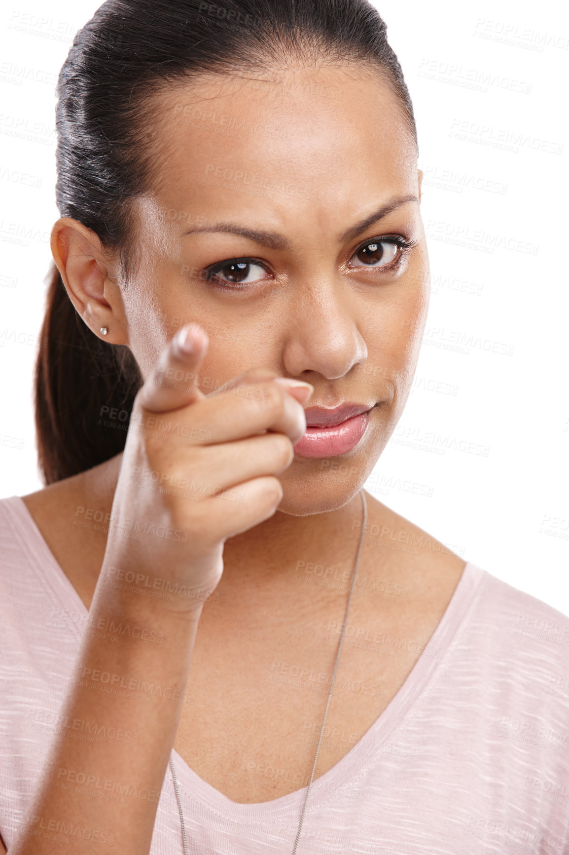 Buy stock photo Strict, discipline and portrait of a woman in a studio scolding, talking or fighting with anger. Upset, mad and female model from Mexico pointing her finger in a argument isolated by white background