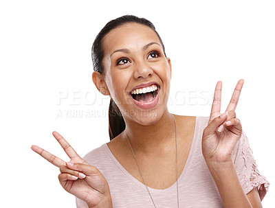 Buy stock photo Peace sign, hands and face of woman on a white background for happy, relaxing and positive mindset. Beauty, emoji and carefree girl isolated in studio with hand gesture for calm, wellness and zen