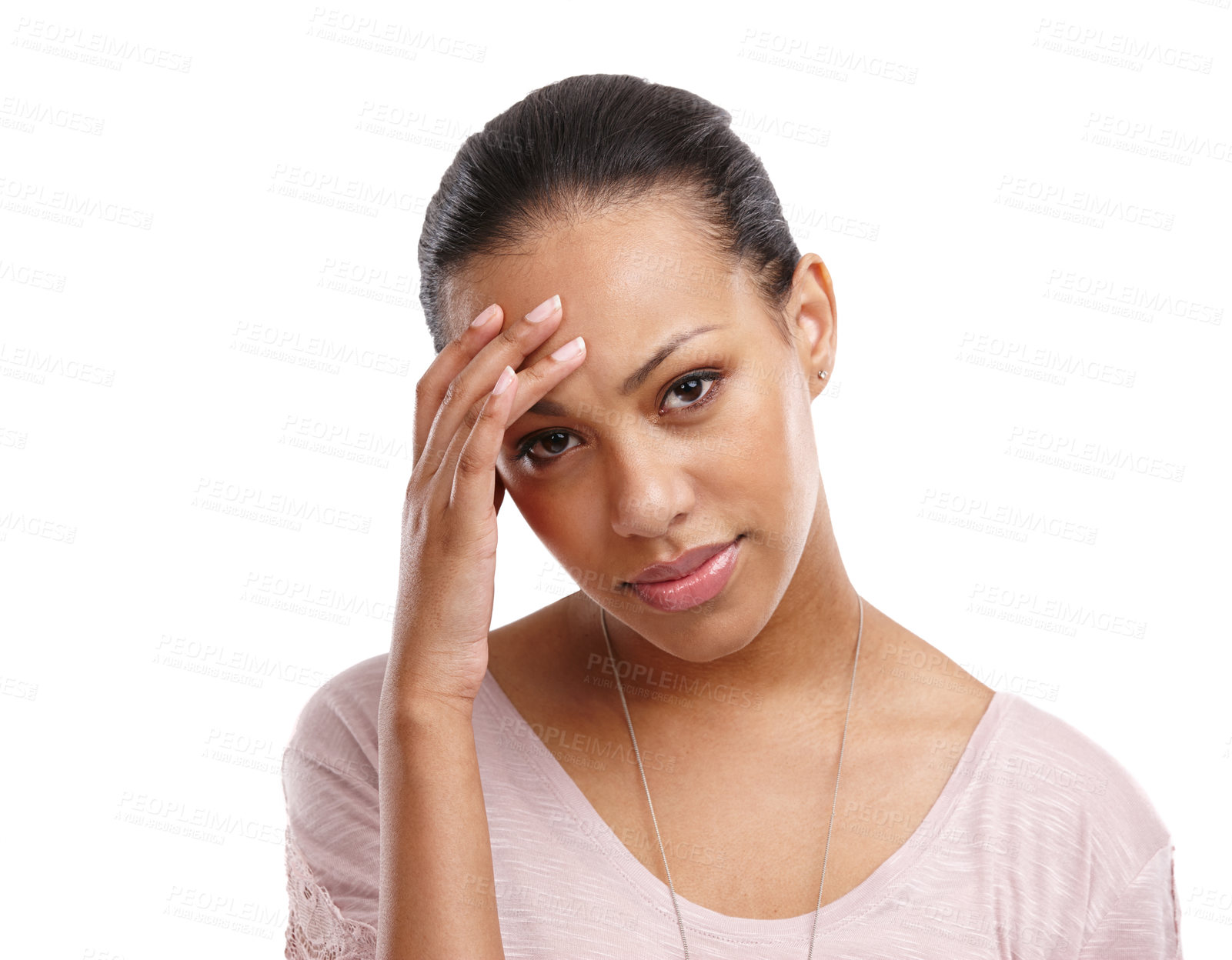 Buy stock photo Headache, woman and face with pain, stress and frustrated with crisis and anxiety isolated on white background. Mental health, depression and psychology, brain and portrait with fatigue and brain fog