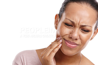 Buy stock photo Woman, hand and mouth in pain from wisdom teeth, surgery or dental emergency against a white studio background. Isolated female suffering from painful oral, gum or tooth injury on white background