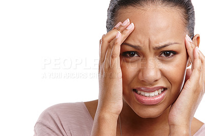 Buy stock photo Woman, headache and mental health problems, stress or depression holding head in discomfort against a white studio background. Closeup portrait of isolated female suffering from pain, ache or illness