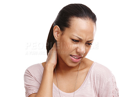 Buy stock photo Discomfort, stress and woman in studio with neck pain, injury or accident with medical emergency. Painful, hurt and female from Mexico with muscle sprain, sore or tension isolated by white background