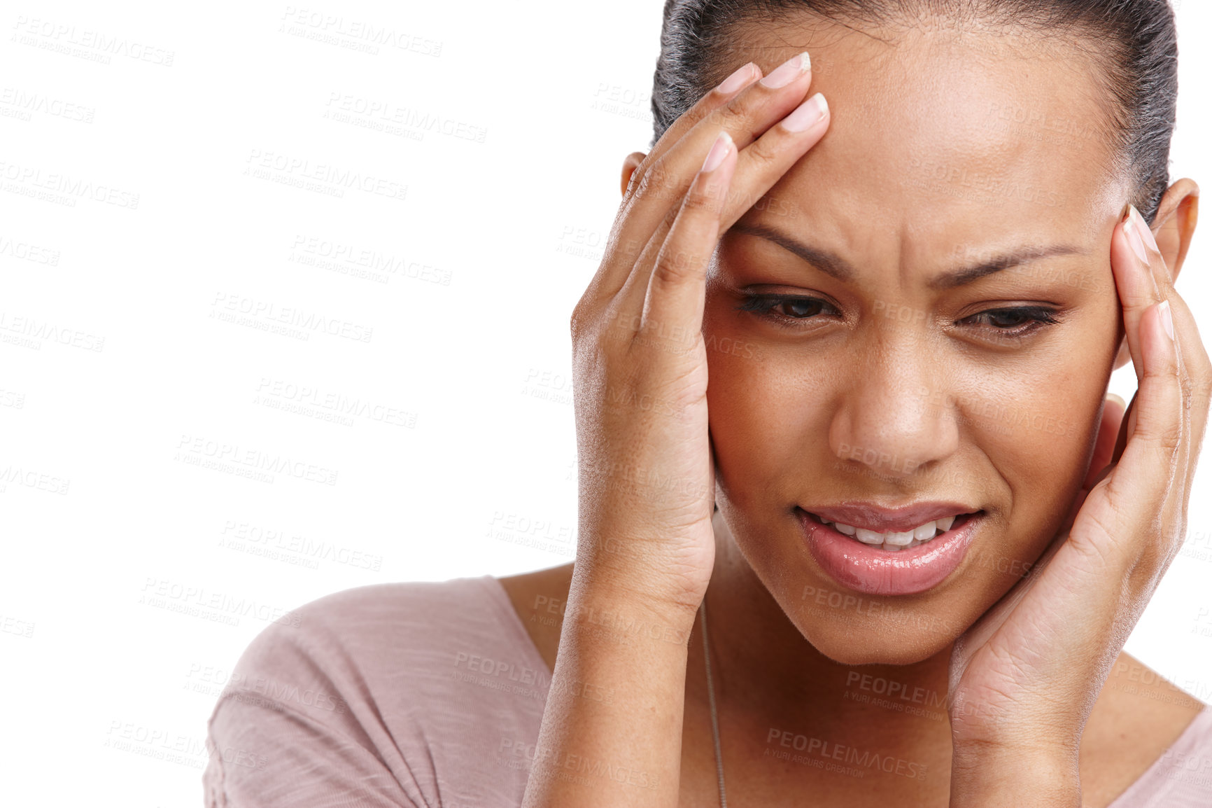 Buy stock photo Headache, woman and face with pain, mental health with stress and crisis with anxiety isolated on white background. Frustrated, depression and psychology, brain with fatigue and brain fog mockup