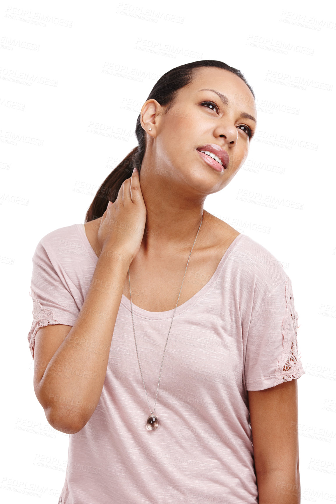 Buy stock photo Stress, uncomfortable and model in studio with neck pain, injury or accident for medical emergency. Painful, hurt and girl from Mexico with muscle sprain, sore or tension isolated by white background