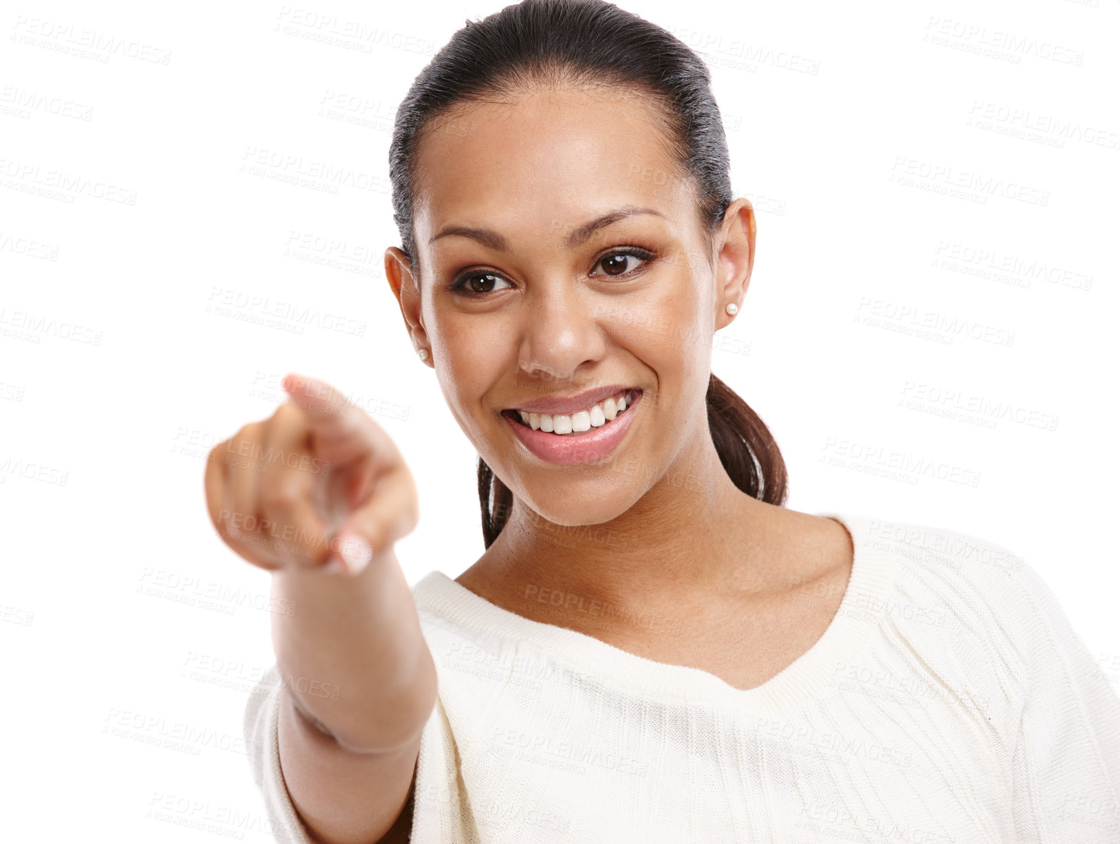 Buy stock photo Face, pointing and showing with a black woman in studio isolated on a white background for marketing. Product, brand and advertising with a female on blank space to point at an option or selection