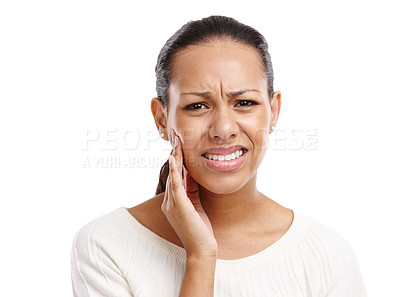 Buy stock photo Black woman, face and toothache pain for dental care, mouth injury or medical wellness isolated in white background. African girl, upset portrait and frustrated for teeth accident or emergency